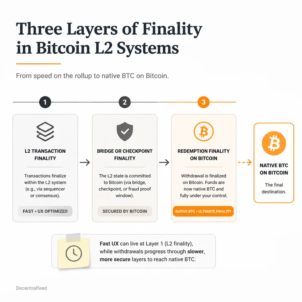 Layered flow diagram separating L2 transaction finality, bridge or checkpoint finality, and redemption finality back to native Bitcoin