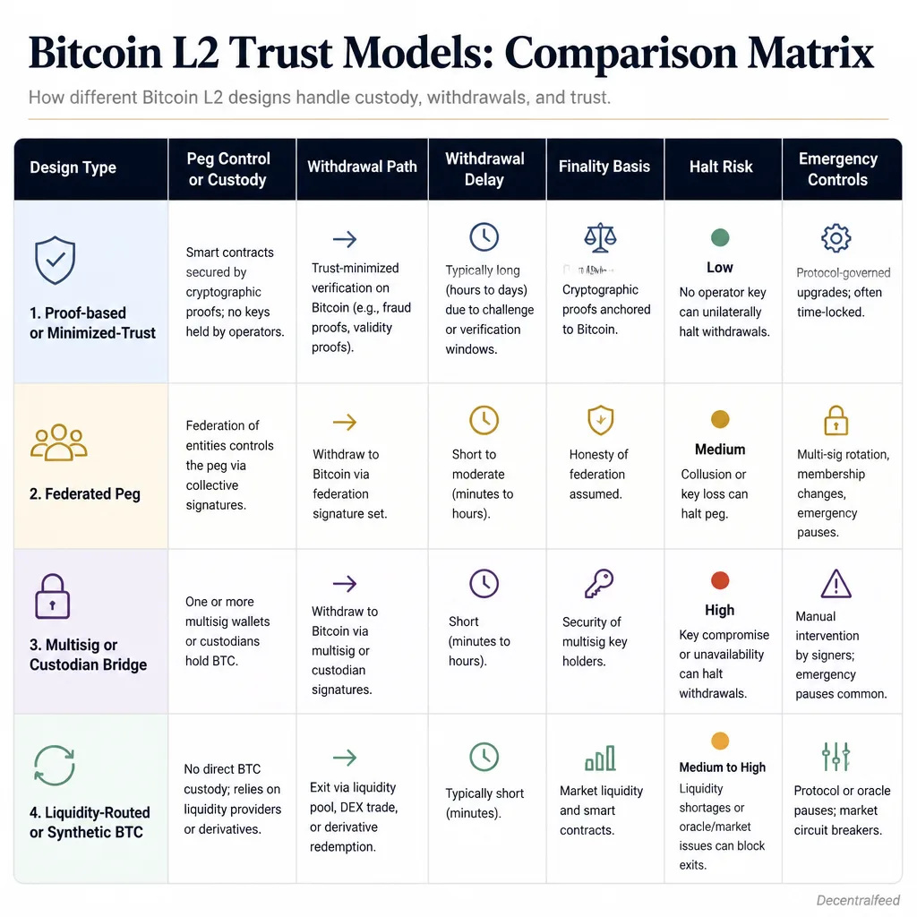 Comparison matrix showing four Bitcoin L2 trust-model categories across peg control, withdrawal path, delay, finality basis, halt risk, and emergency controls