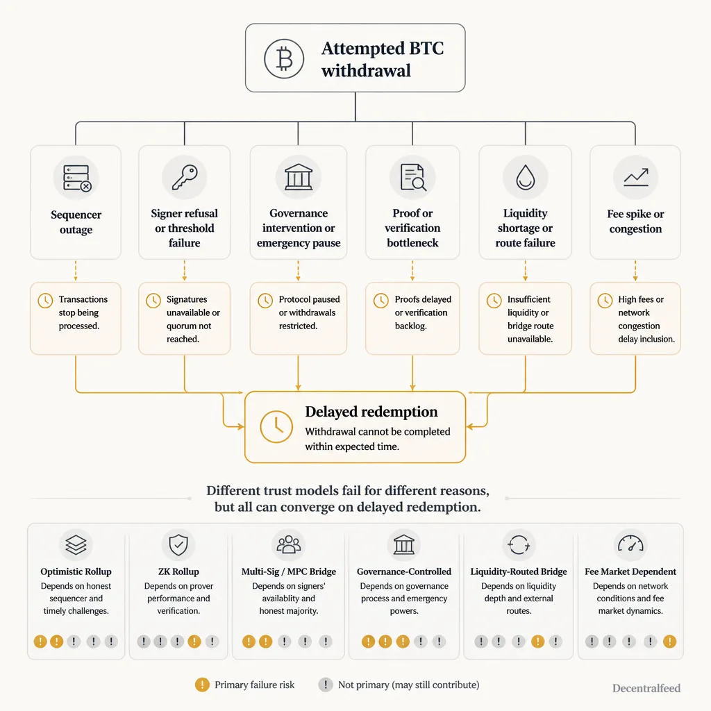 Decision-tree style visual showing common withdrawal halt risks including sequencer outage, signer refusal, governance pause, proof bottleneck, and liquidity stress