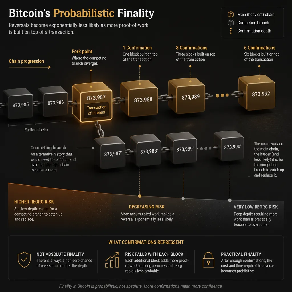 Bitcoin chain diagram showing 1, 3, and 6 confirmations with a competing branch fading as depth increases