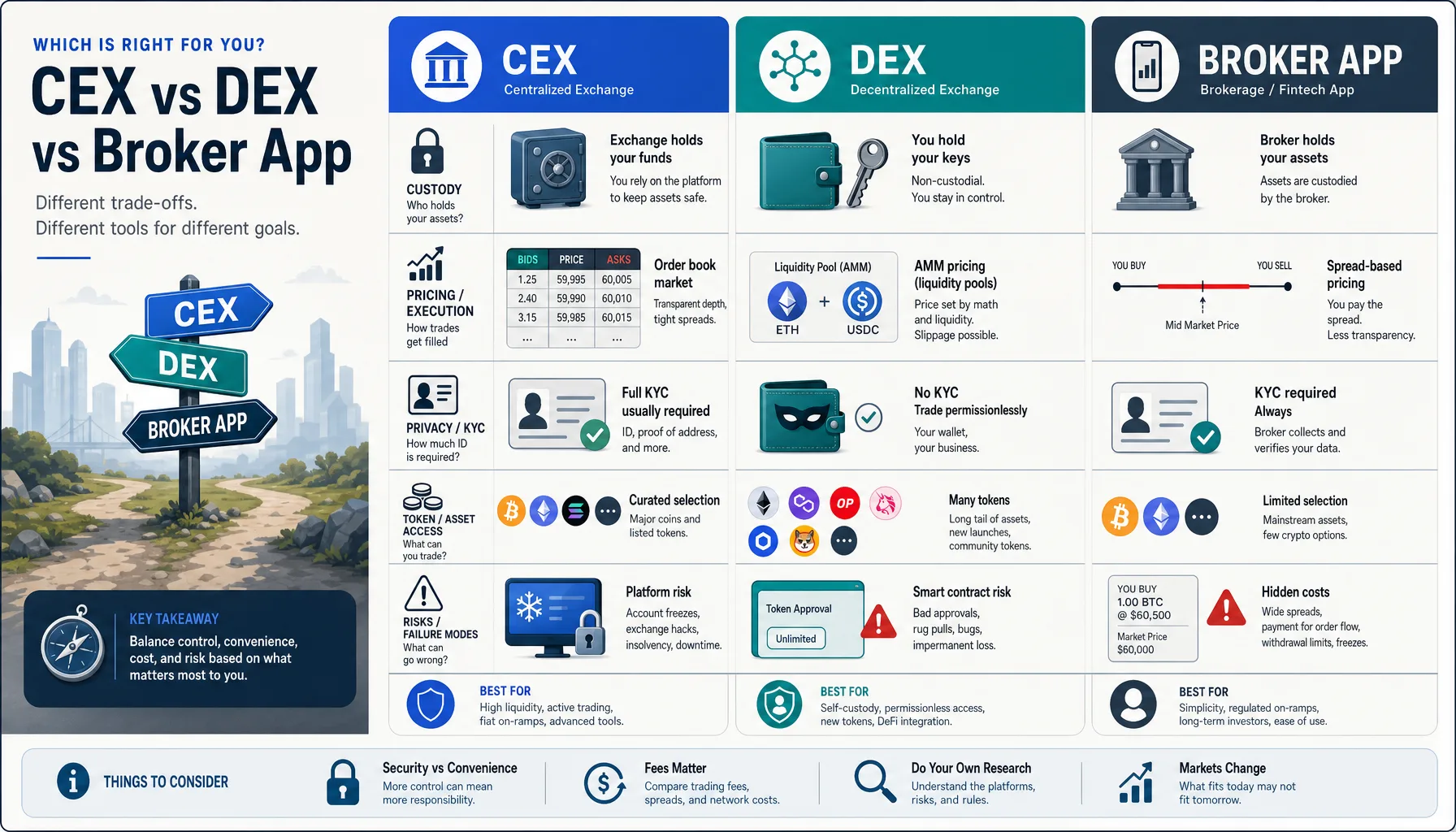 Comparison of centralized exchanges, decentralized exchanges, and broker apps across custody, pricing, privacy, and token access