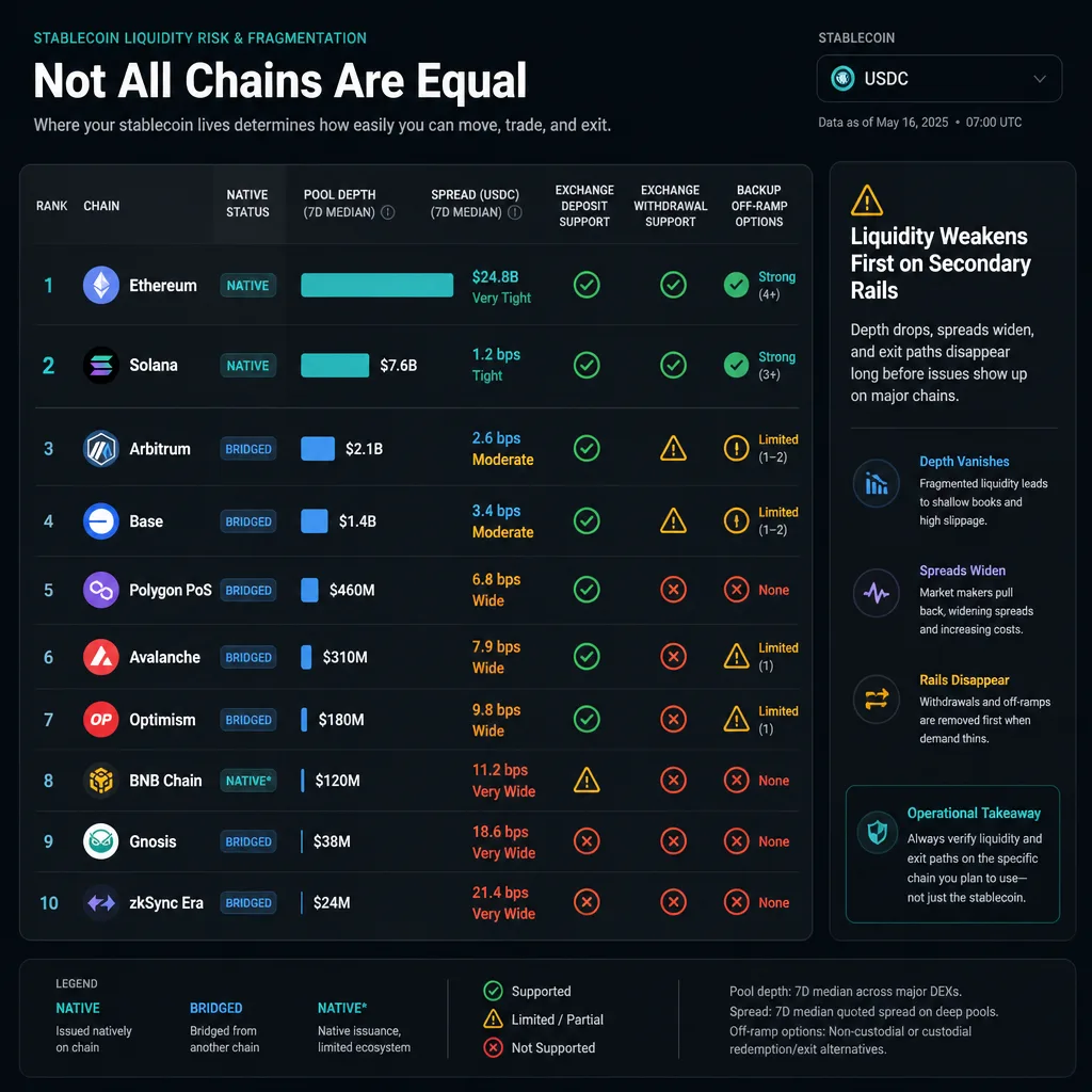 Chain-by-chain liquidity dashboard showing stablecoin pools with different depth, spread, exchange support, and redemption path quality across major and secondary networks.