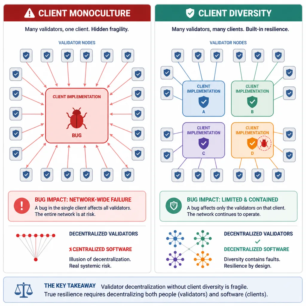 A split comparison showing many validators connected to one dominant client on one side and diversified clients across validators on the other.