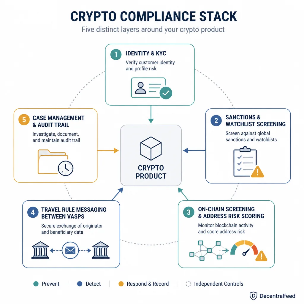 Layered workflow diagram showing identity checks, sanctions screening, on-chain screening, Travel Rule messaging, and case management around a crypto product
