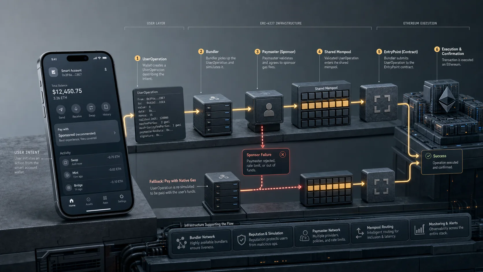 Editorial cutaway scene of a smartphone smart-account wallet interface connected through visible infrastructure layers including a bundler, paymaster, shared mempool, and Ethereum execution path, with one branch failing while another fallback path continues.