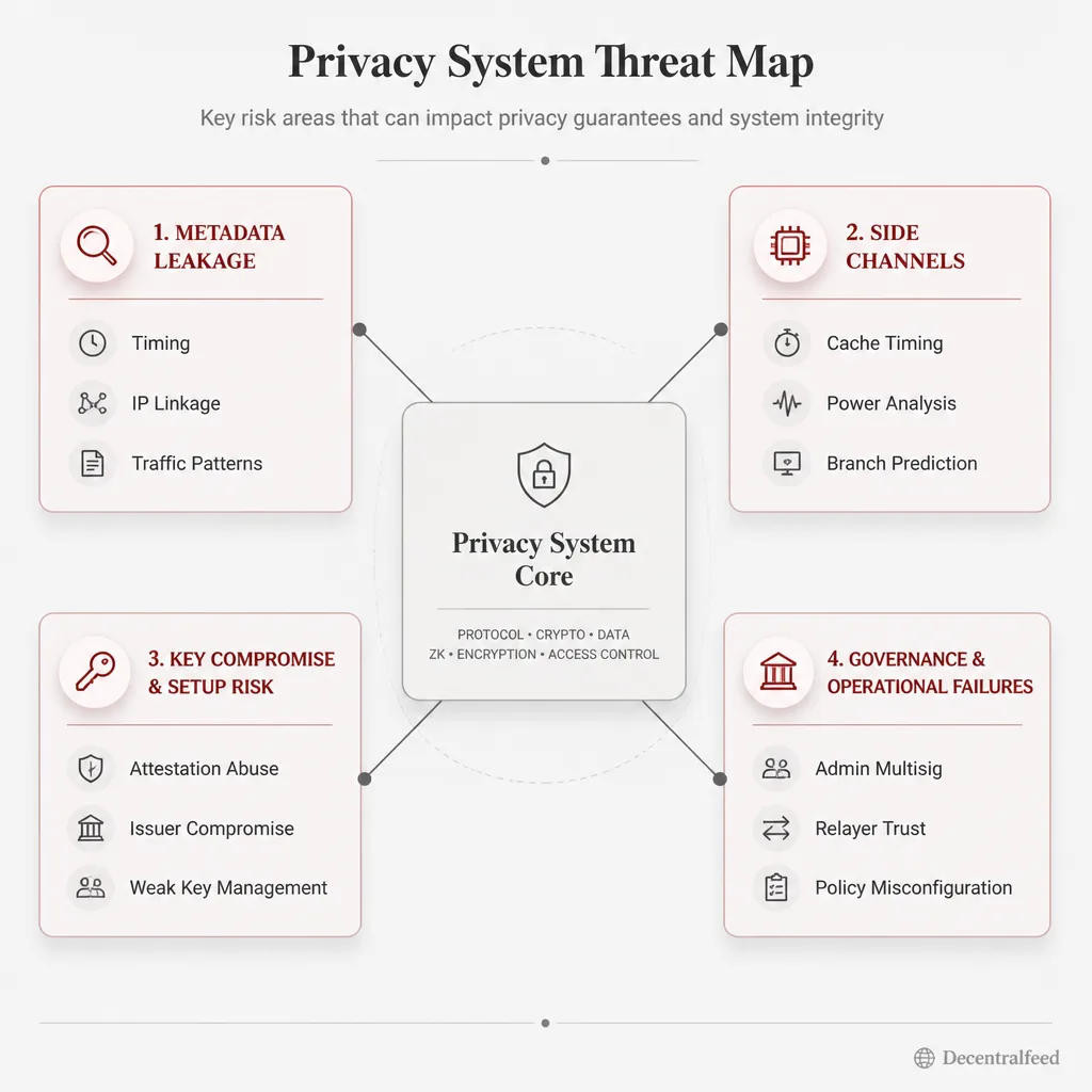Threat map diagram showing metadata leakage, side channels, key compromise, and governance failures surrounding a central privacy system