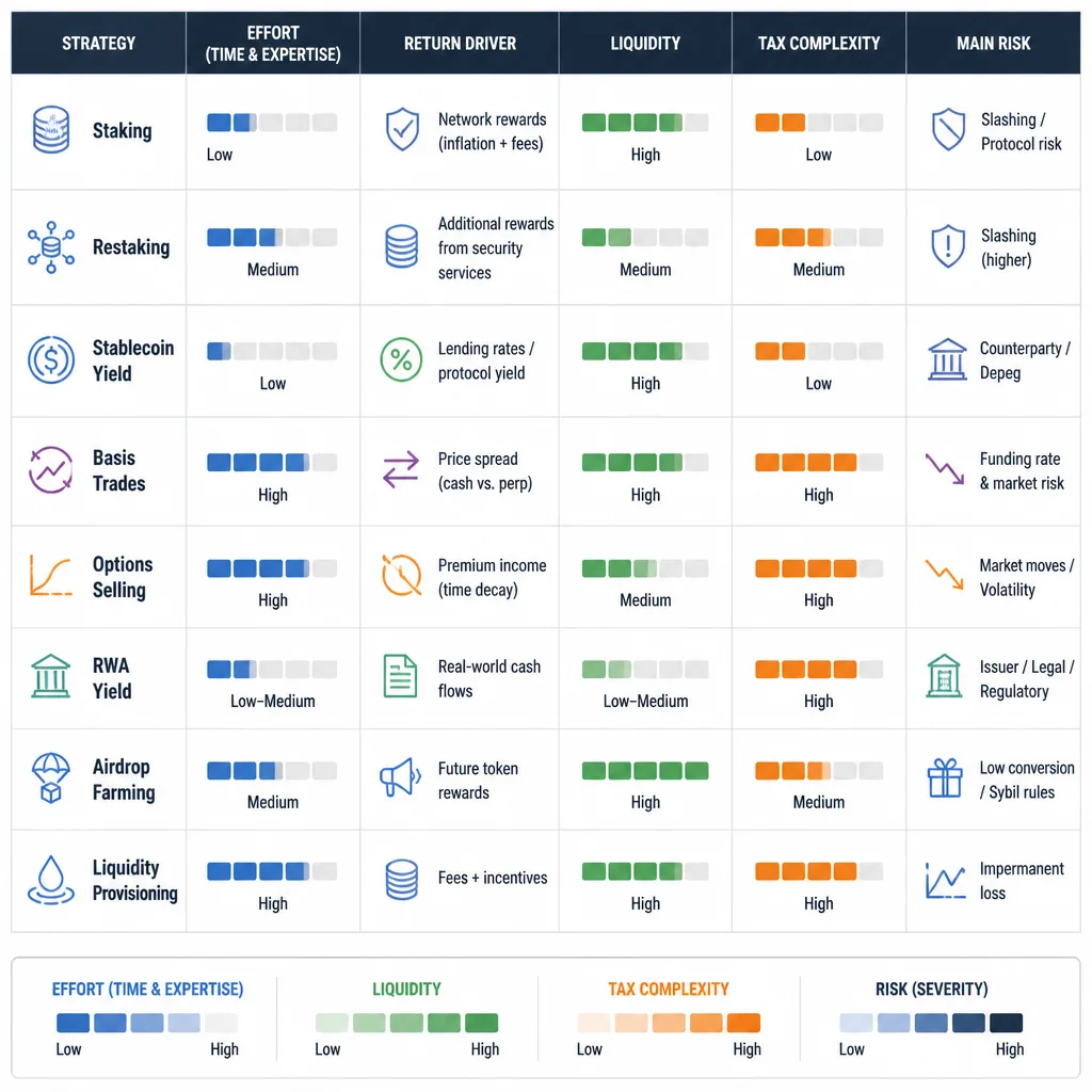 Comparison matrix of crypto profit strategies by effort, return driver, liquidity, and failure modes
