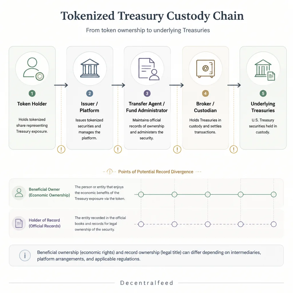 Operational chain diagram mapping token holder to issuer platform to transfer agent or fund administrator to broker custodian to underlying Treasuries, with holder of record and beneficial owner distinctions marked