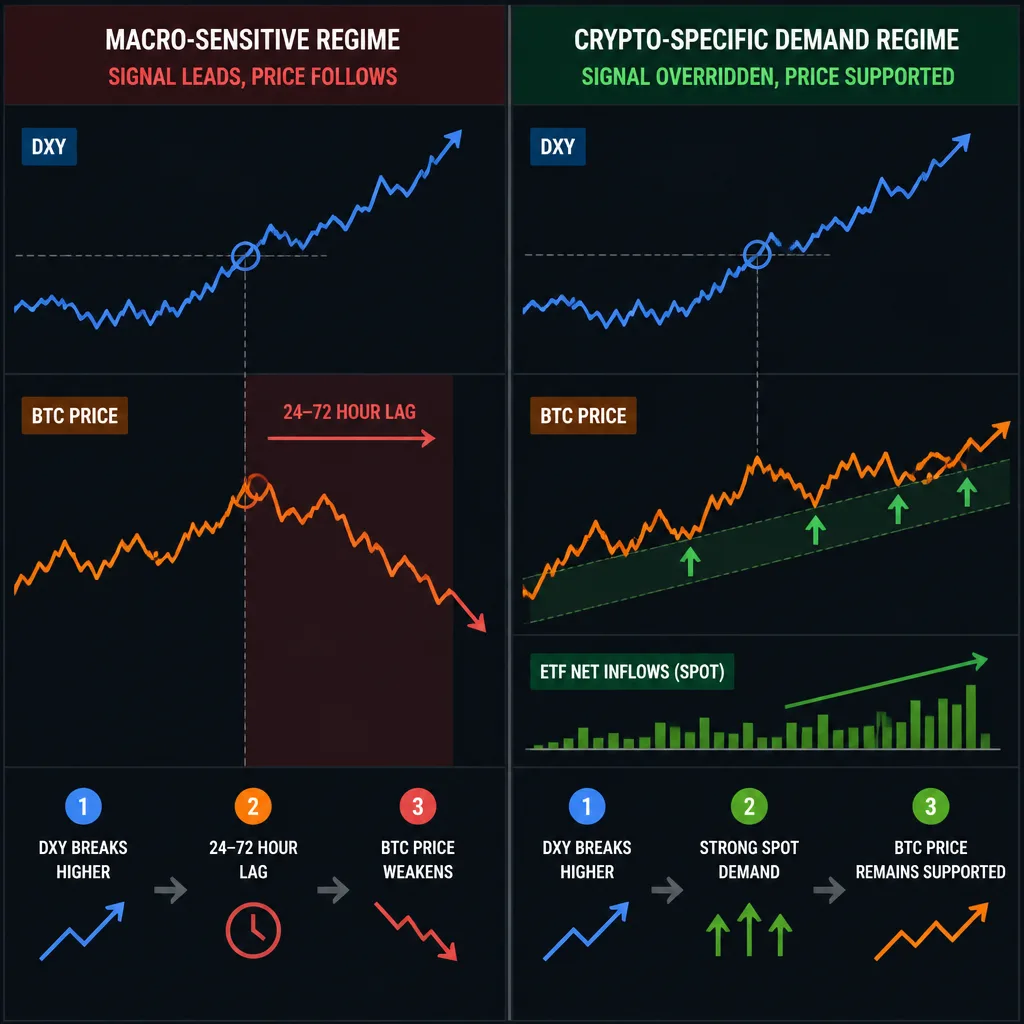 Side-by-side comparison of two market timelines: one where DXY rises before Bitcoin falls in a macro-sensitive regime, and one where Bitcoin stays resilient because crypto-specific demand overrides the macro signal.