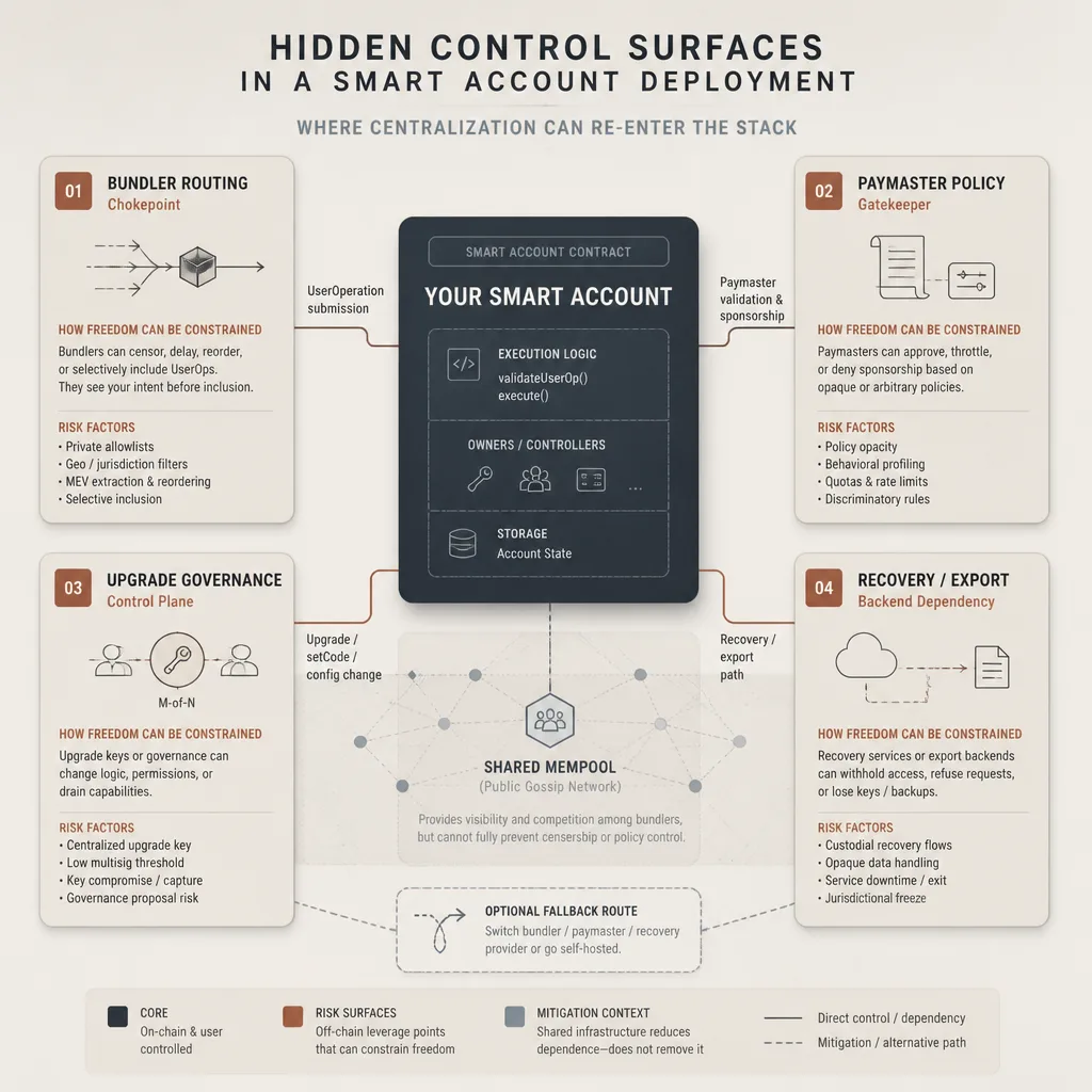 System architecture illustration mapping centralization risk points in an ERC-4337 wallet stack, including bundler chokepoint, paymaster policy gate, upgrade key control, and vendor-dependent recovery path.