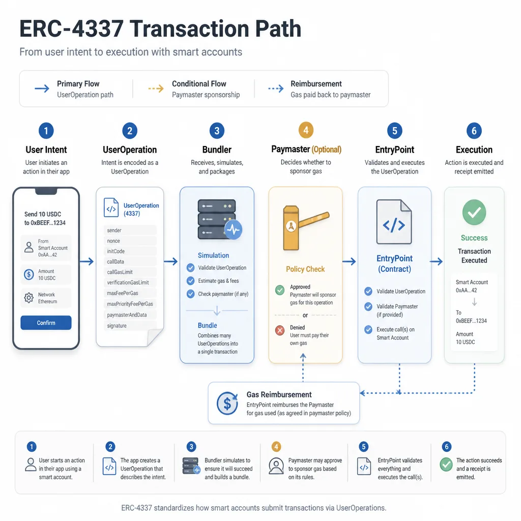 Workflow diagram showing user intent becoming a UserOperation, then passing through bundler simulation, paymaster approval, EntryPoint validation, on-chain execution, and gas reimbursement.