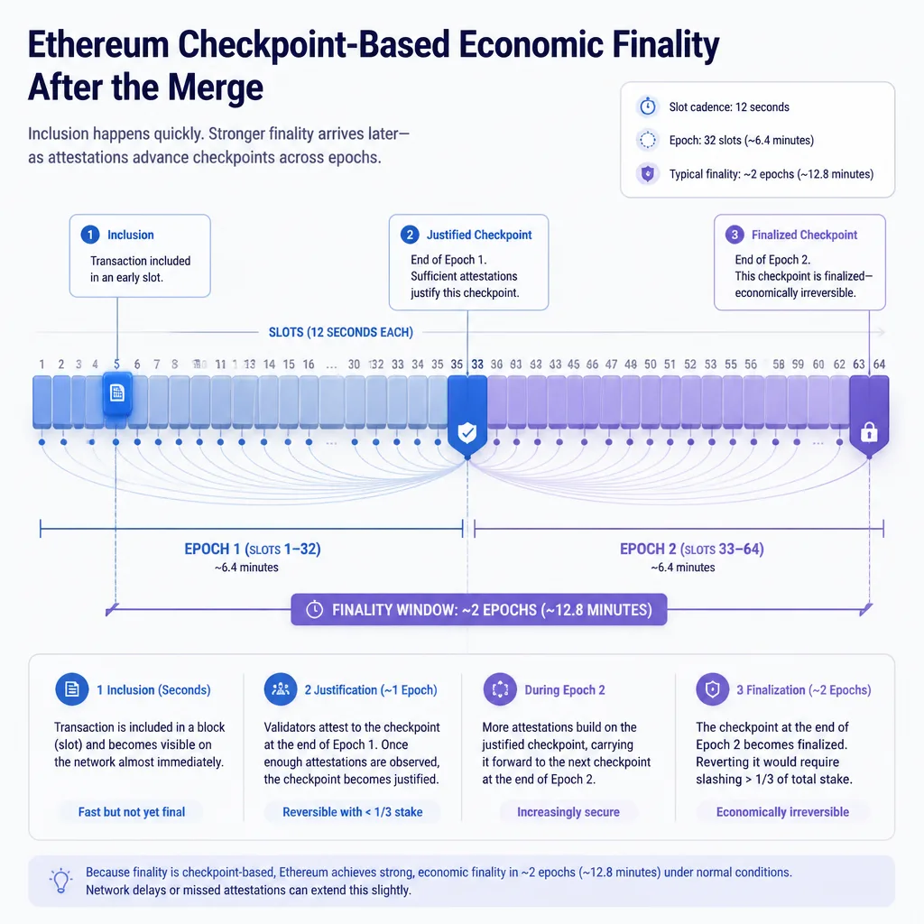 Ethereum timeline with slots grouped into epochs and checkpoint markers for justified and finalized states