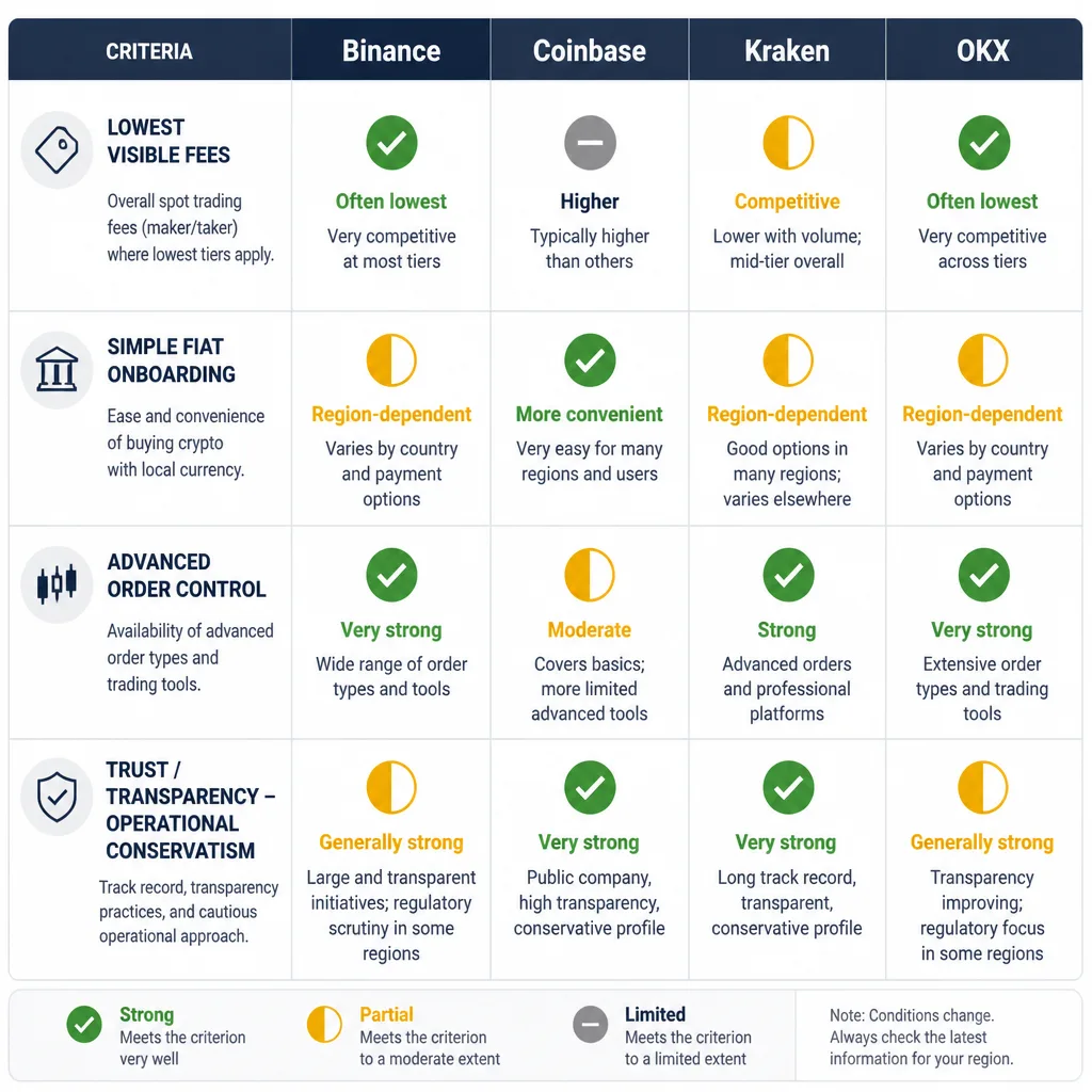 Comparison matrix ranking Binance, Coinbase, Kraken, and OKX by lowest cost, fiat convenience, order control, and operational conservatism