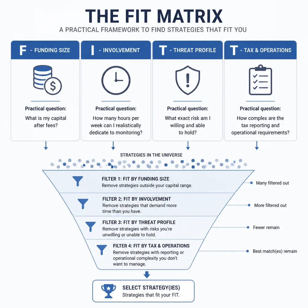 FIT Matrix framework showing funding size, involvement, threat profile, and tax operations as four filters for choosing a crypto strategy