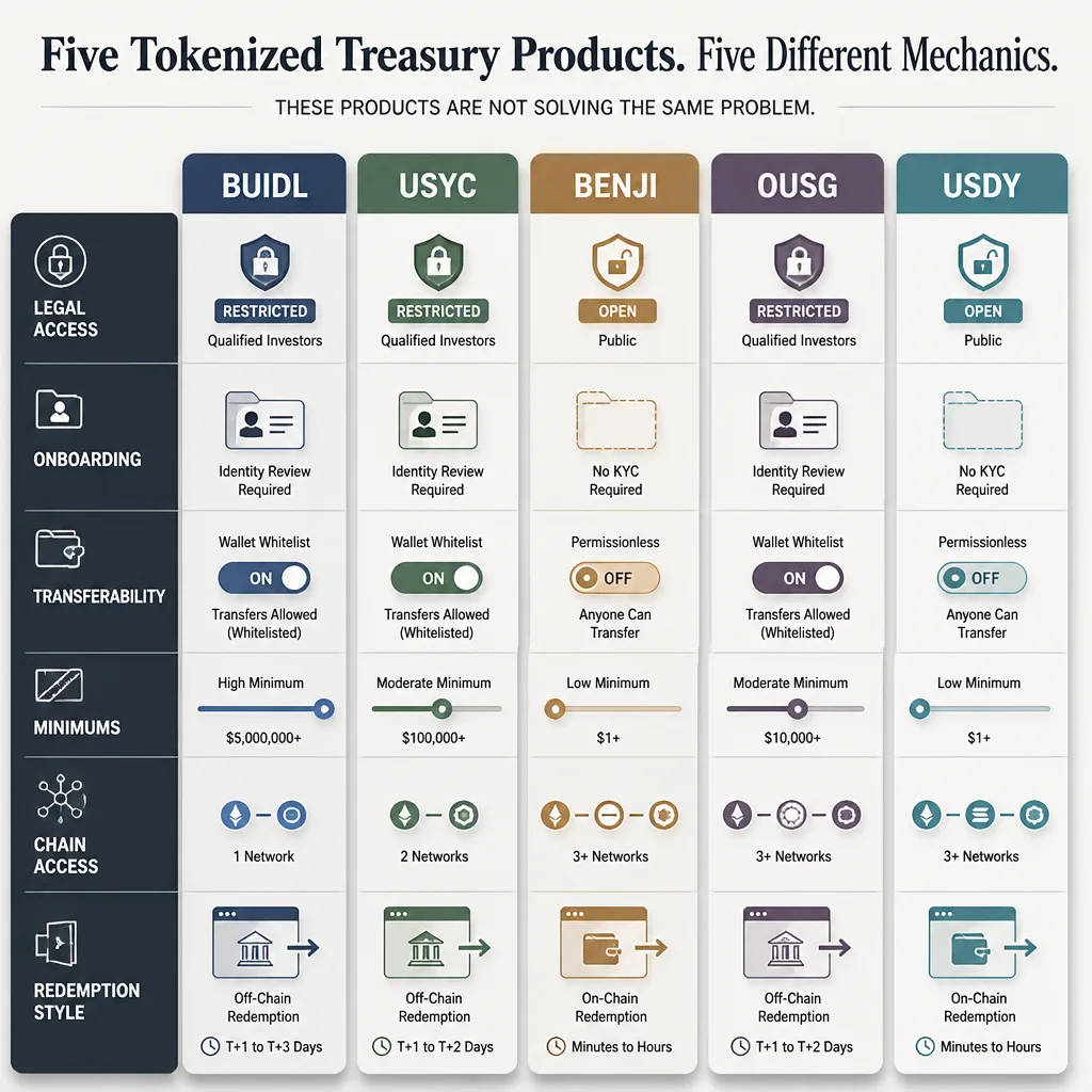 Five side-by-side product lanes comparing legal access, wallet transfer restrictions, onboarding burden, minimums, supported chains, and redemption style.