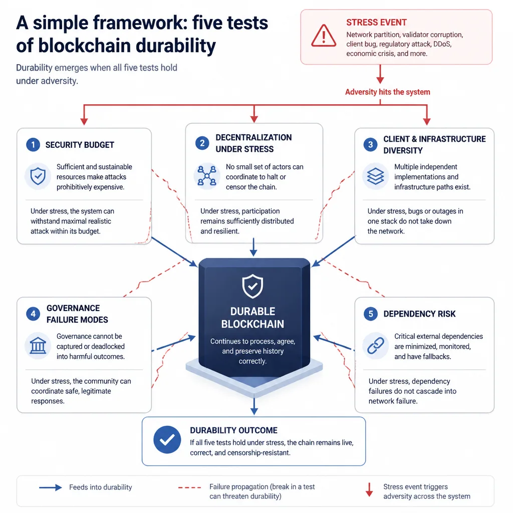 Five-part blockchain durability framework diagram with security budget, decentralization, client diversity, governance, and dependency risk arranged as connected tests