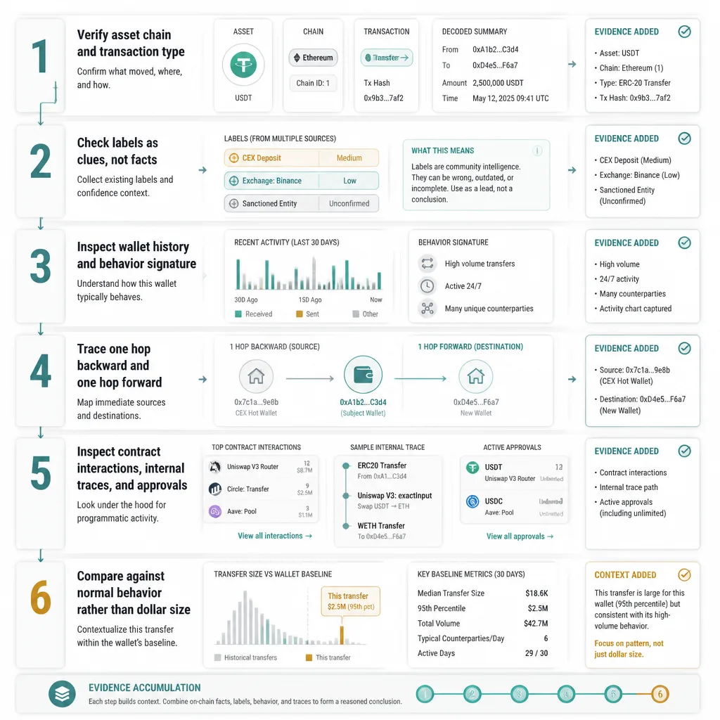 Step-by-step forensic workflow diagram showing verify asset and chain, check labels, read wallet behavior, trace one hop backward and forward, inspect contract traces, and compare to normal behavior.