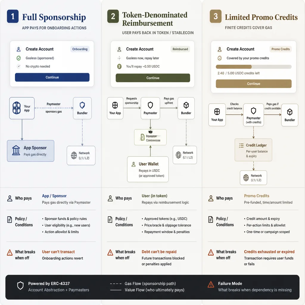 Three-panel comparison graphic showing full sponsorship, token-denominated reimbursement, and limited promo credits, each with different payer, conditions, and failure modes.