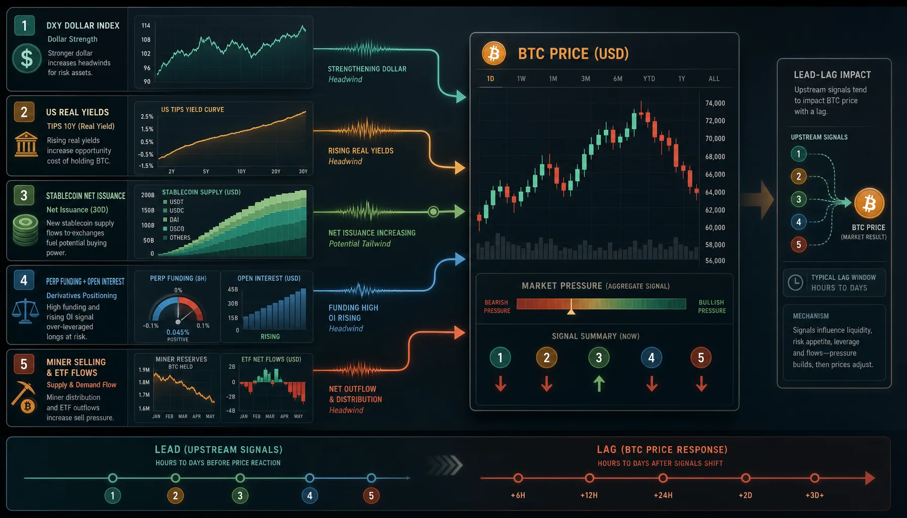 Wide dashboard-style editorial diagram showing Bitcoin at the center connected to five leading signals: DXY, real yields, stablecoin issuance, perpetual funding with open interest, and miner plus ETF flows, with arrows indicating different lead-lag paths.