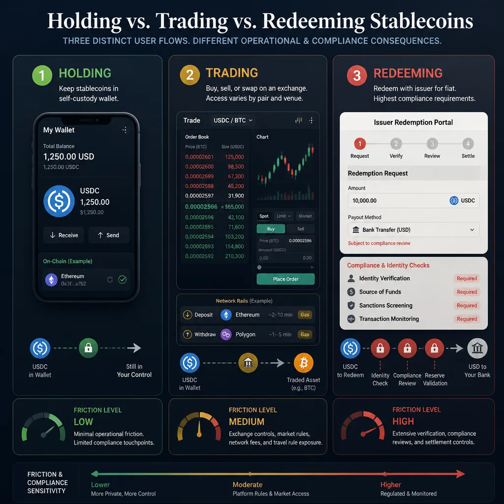 Three-column comparison graphic showing holding, trading, and redeeming as separate stablecoin user flows with different compliance friction points.