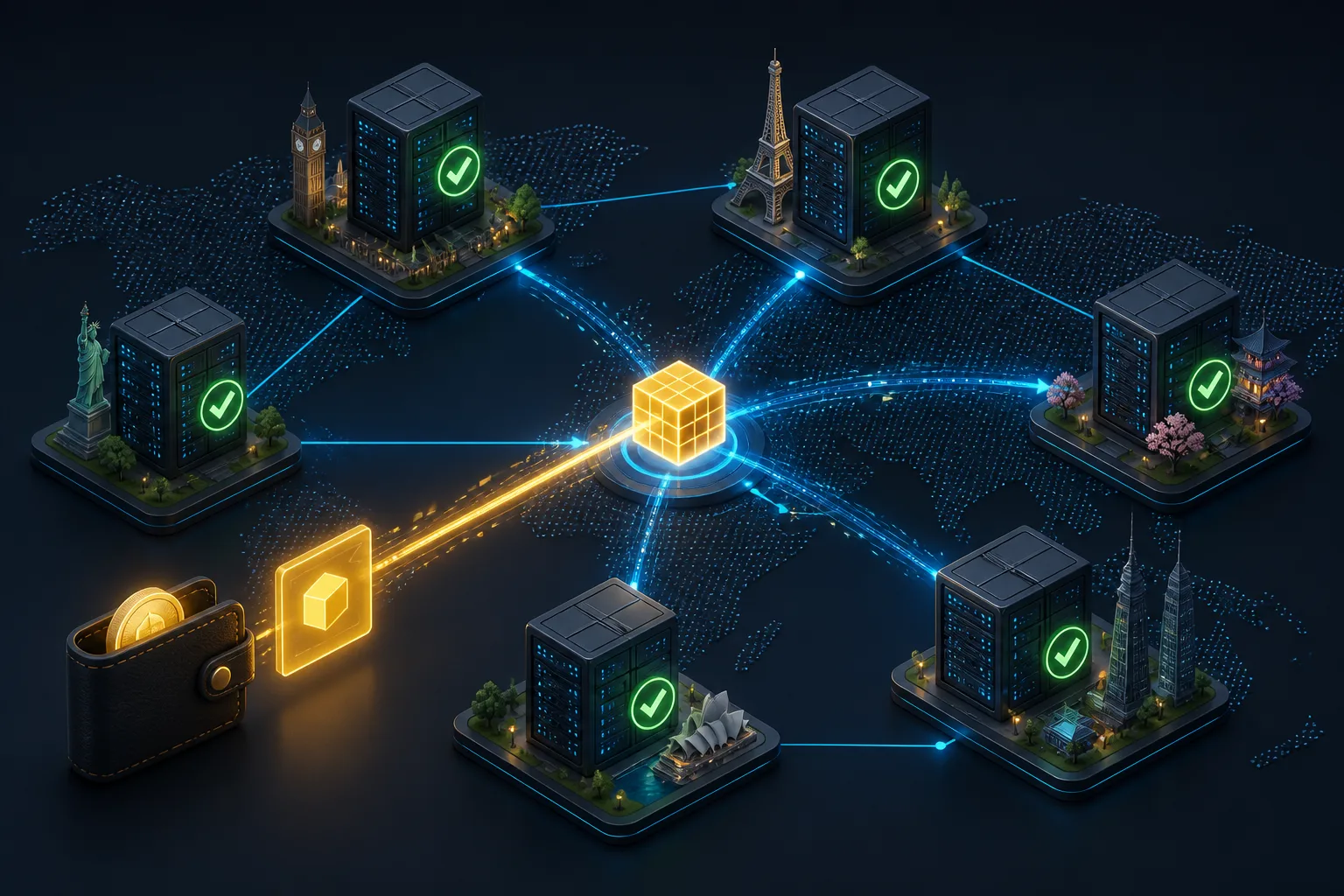 Network of blockchain nodes relaying and verifying a transaction across a distributed system