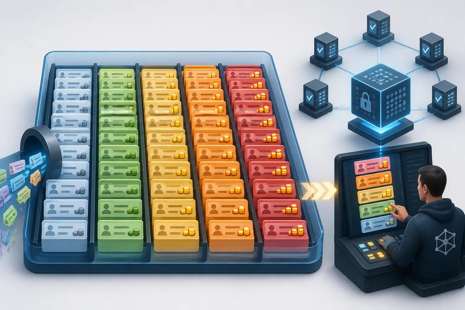 Conceptual diagram showing a mempool as a queue of pending transactions with different fee levels competing for block space