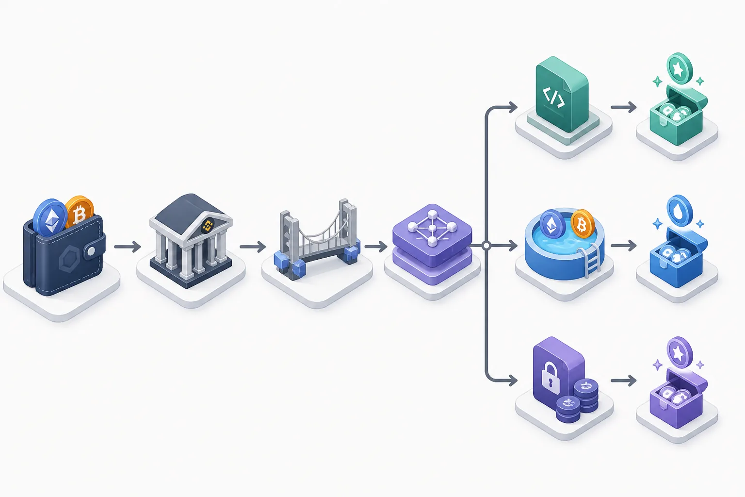 Diagram showing one crypto action splitting into multiple on-chain events across wallets, bridges, swaps, and DeFi contracts