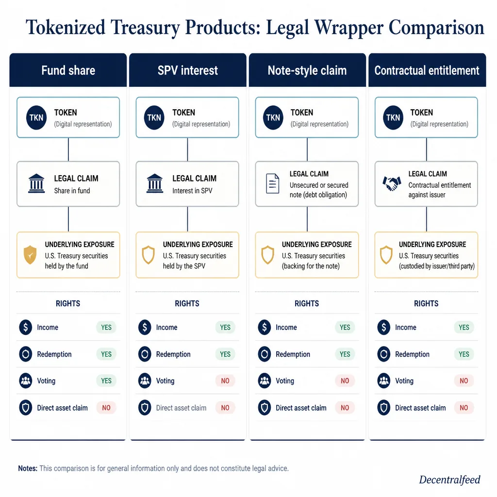 Clean comparison diagram showing four tokenized treasury legal wrappers: fund share, SPV interest, note-style claim, and contractual entitlement, each connected to underlying Treasury exposure with distinct rights layers