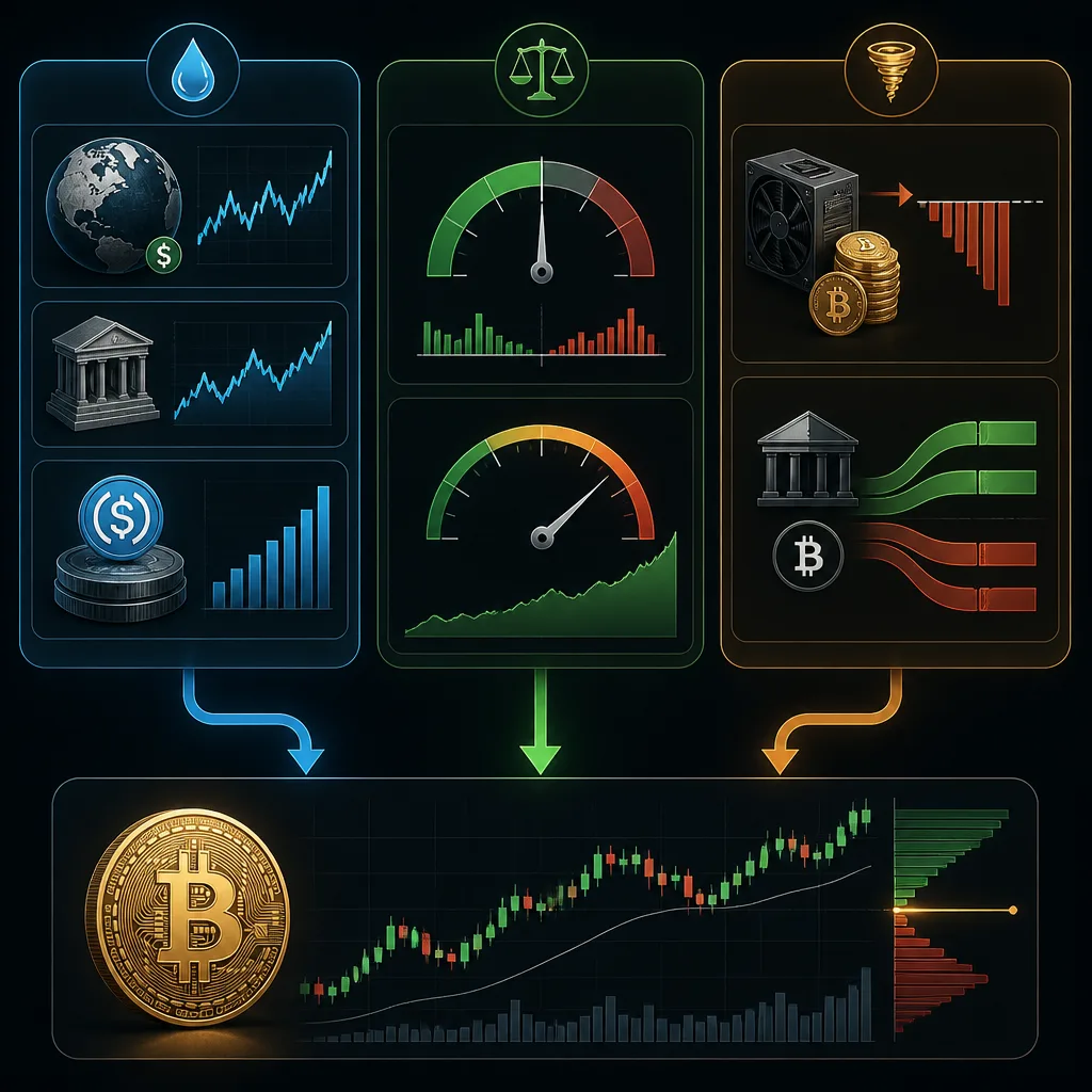 Three-column framework diagram grouping crypto lead indicators into liquidity, leverage, and forced flows, with the five article signals placed into their respective buckets.