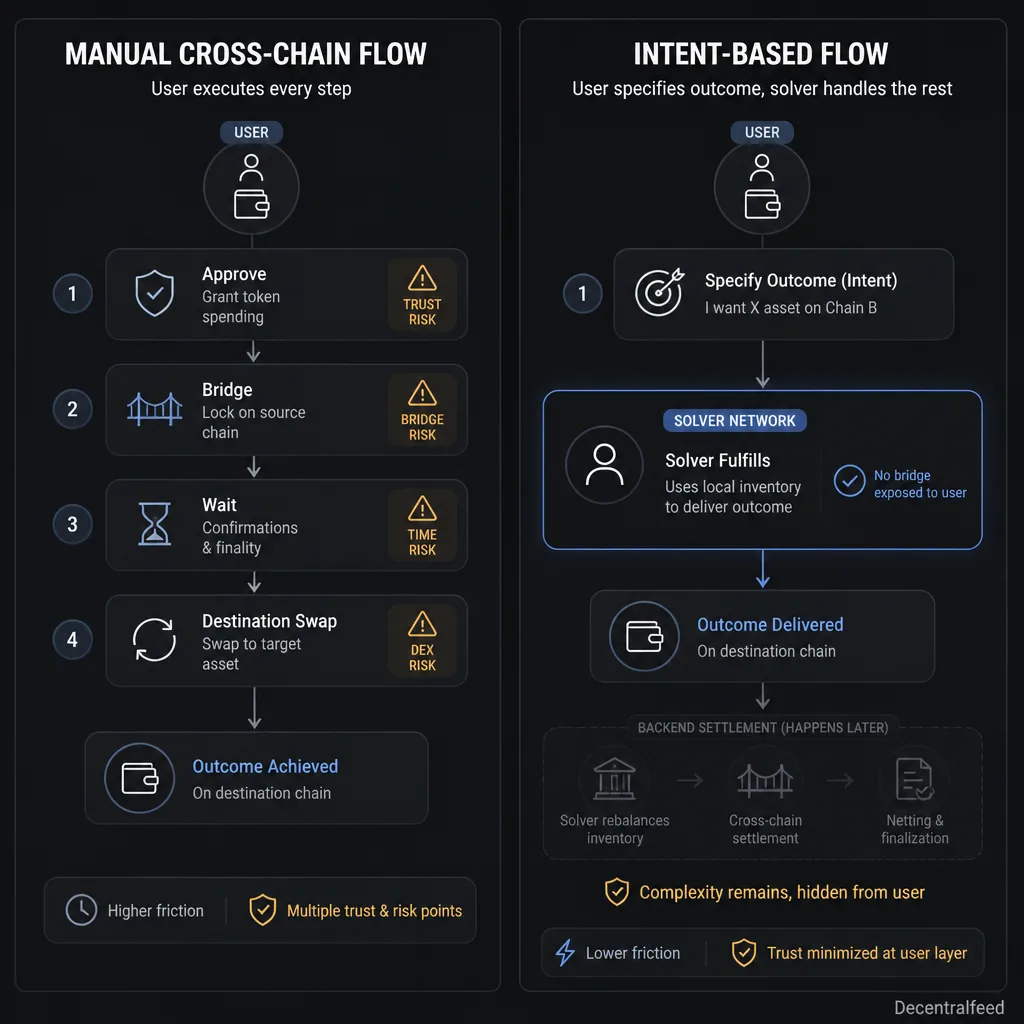 Side-by-side flow comparison of a manual bridge route and an intent-based fulfillment route, highlighting where the user interacts directly versus where a solver handles routing and settlement behind the scenes.