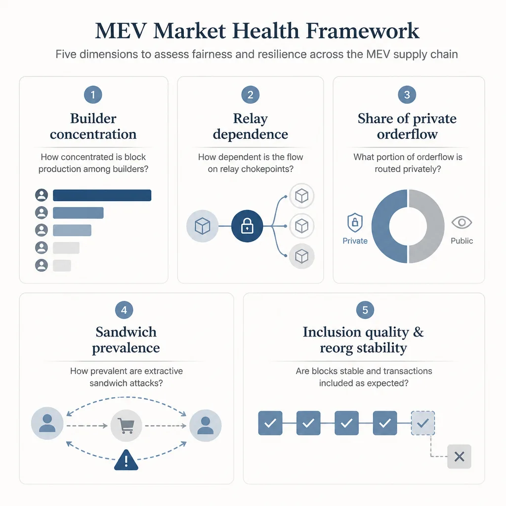 Editorial metrics panel listing builder concentration, relay dependence, private orderflow share, sandwich prevalence, and inclusion quality as separate market health signals