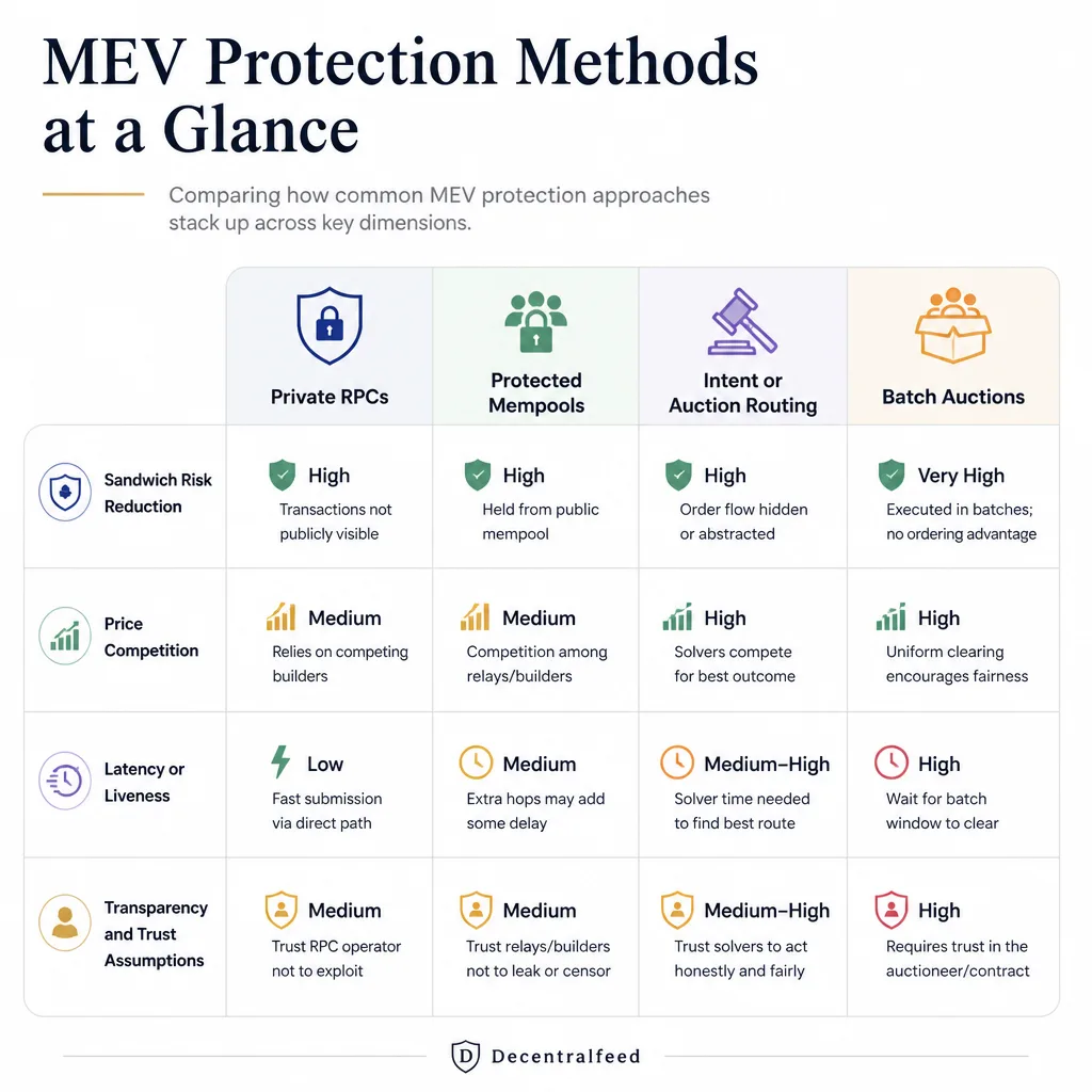 Comparison chart with four columns for private RPCs, protected mempools, intent auctions, and batch auctions, and rows highlighting price competition, latency, transparency, and trust tradeoffs