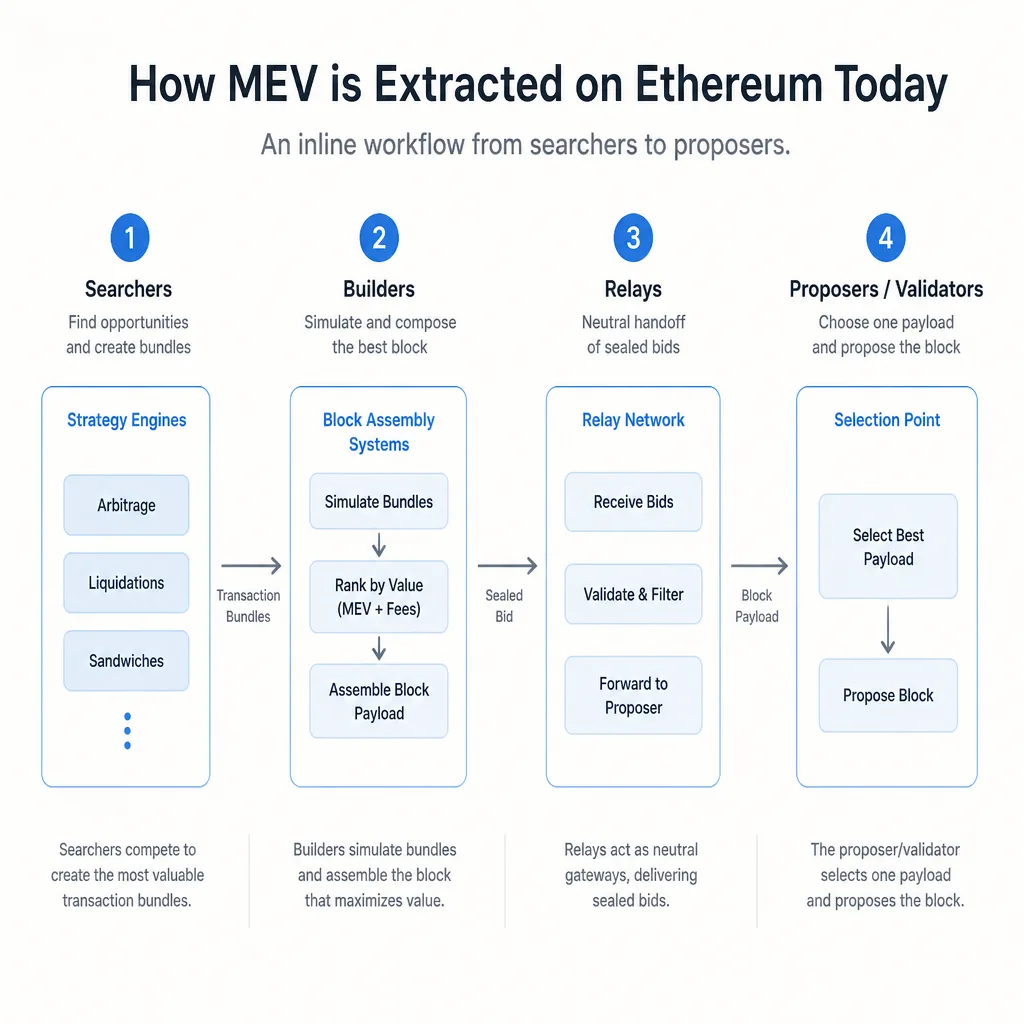 Clean workflow diagram showing searchers sending bundles to builders, builders submitting sealed bids through relays, and proposers selecting the highest-value block
