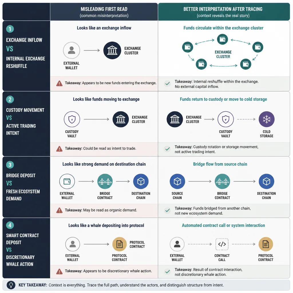 Side-by-side comparison of four commonly misread transfer patterns, contrasting the misleading first impression with the more likely forensic interpretation after context is added.