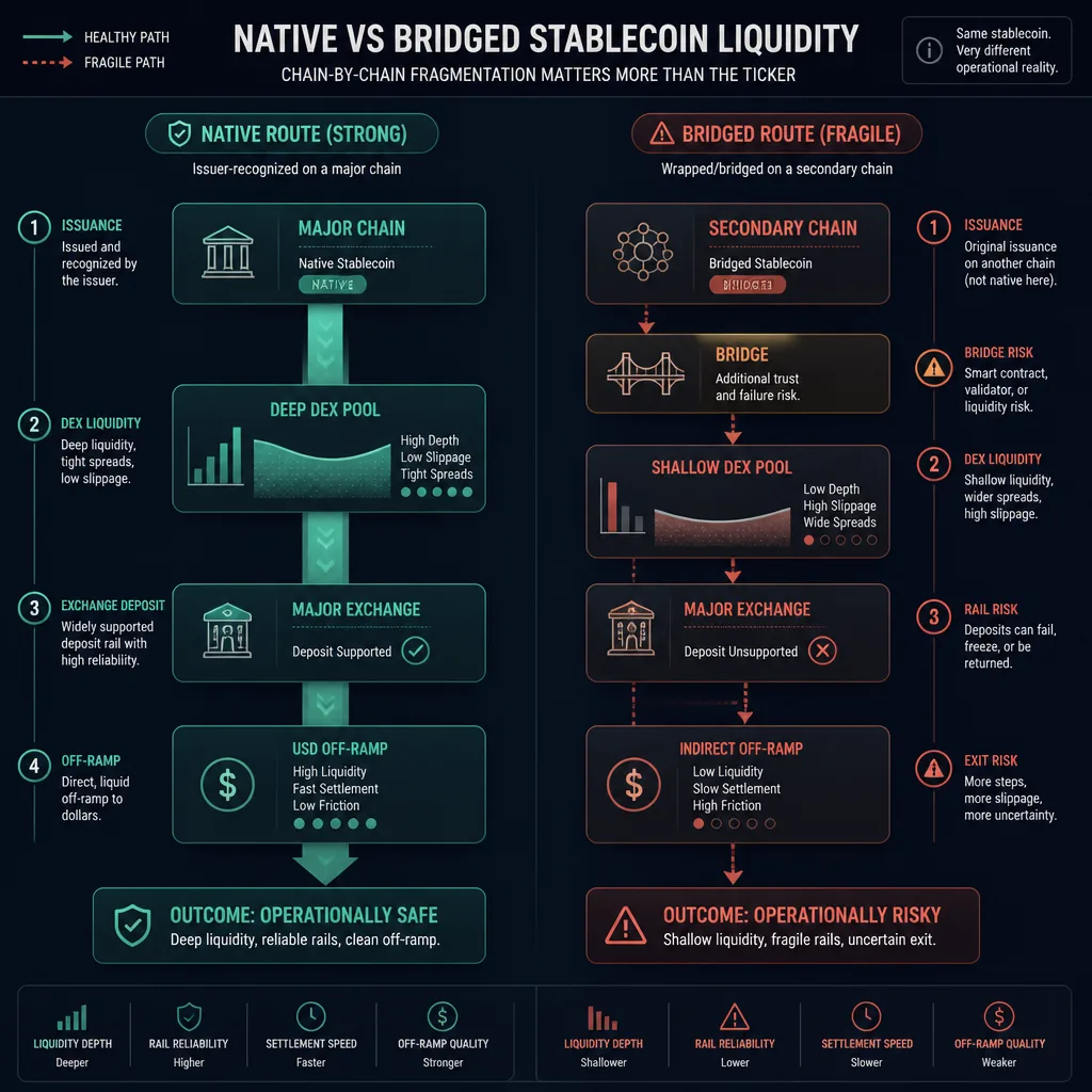 Annotated network map comparing a healthier native stablecoin route with a weaker bridged route across multiple chains and liquidity pools.
