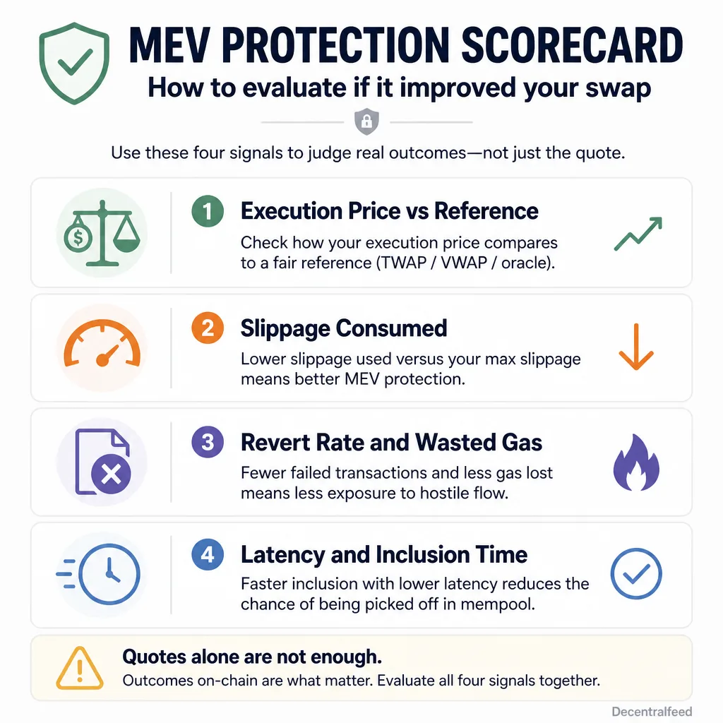 Checklist-style evaluation graphic showing quote to fill difference, slippage used, revert rate, and latency as the core metrics for judging swap execution