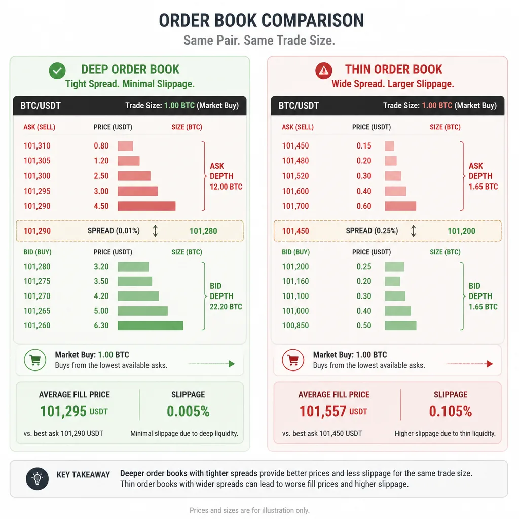 Order book depth and slippage example comparing a deep market to a thin market for the same trade size