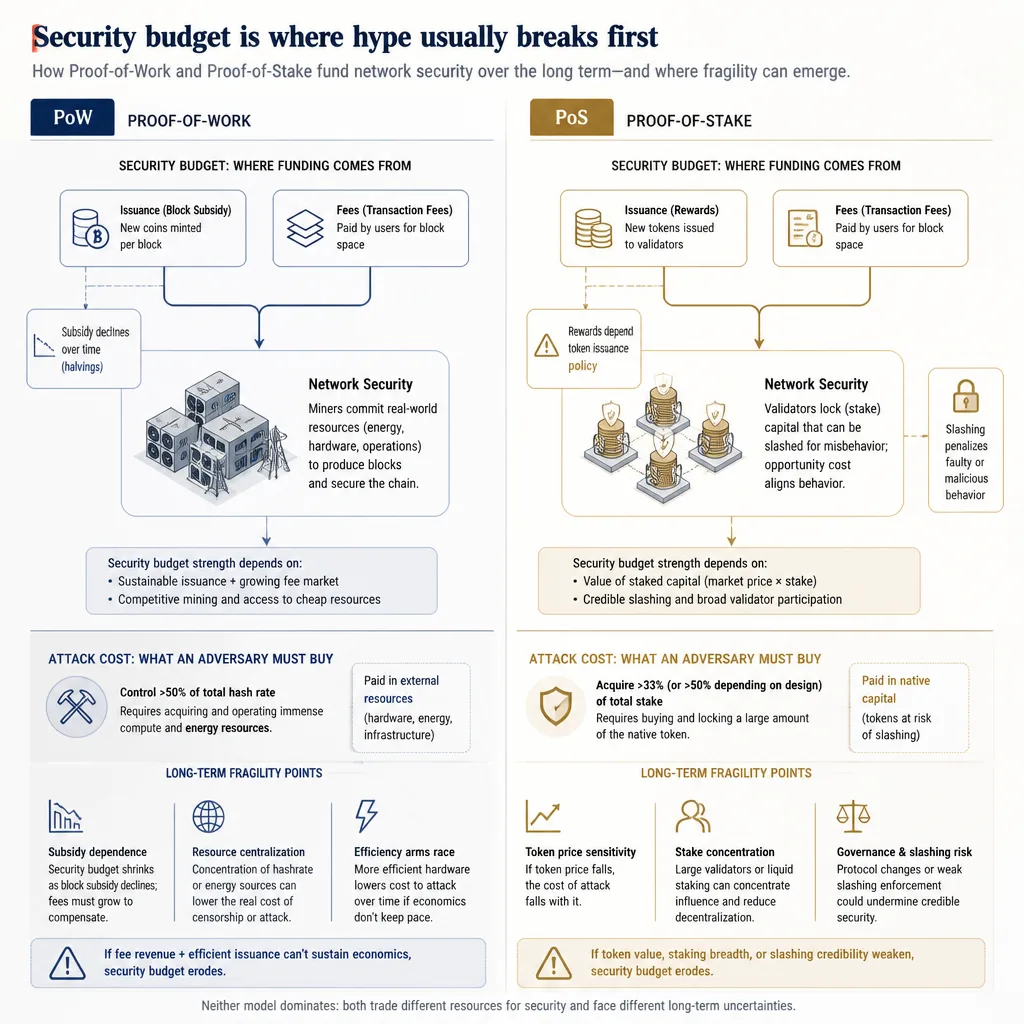 Side-by-side comparison of proof-of-work and proof-of-stake security models showing fees, issuance, miners or validators, attack costs, and subsidy dependence