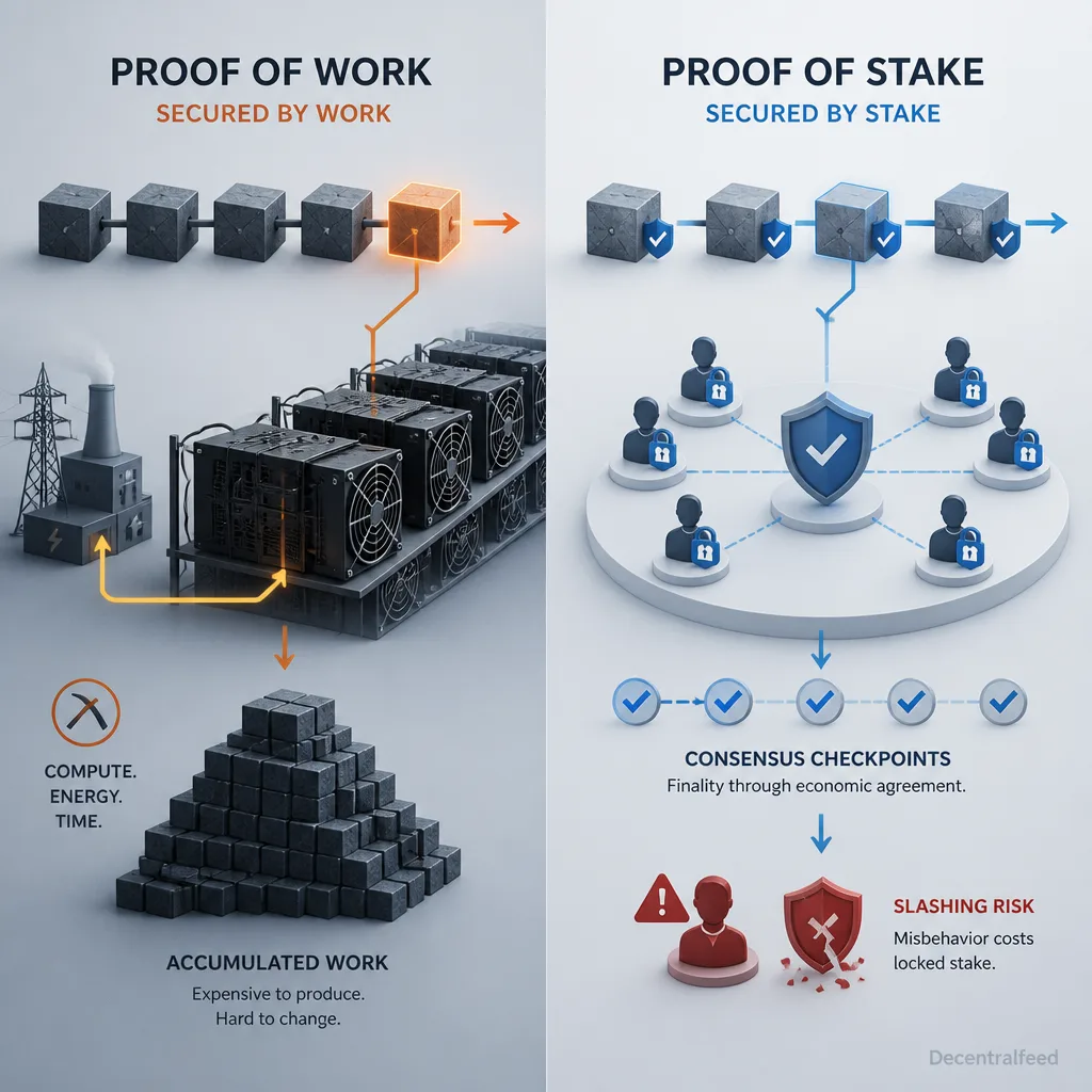 Side-by-side mechanism comparison showing proof-of-work chain extension through external energy and mining hardware versus proof-of-stake finality through bonded validators and slashing risk.