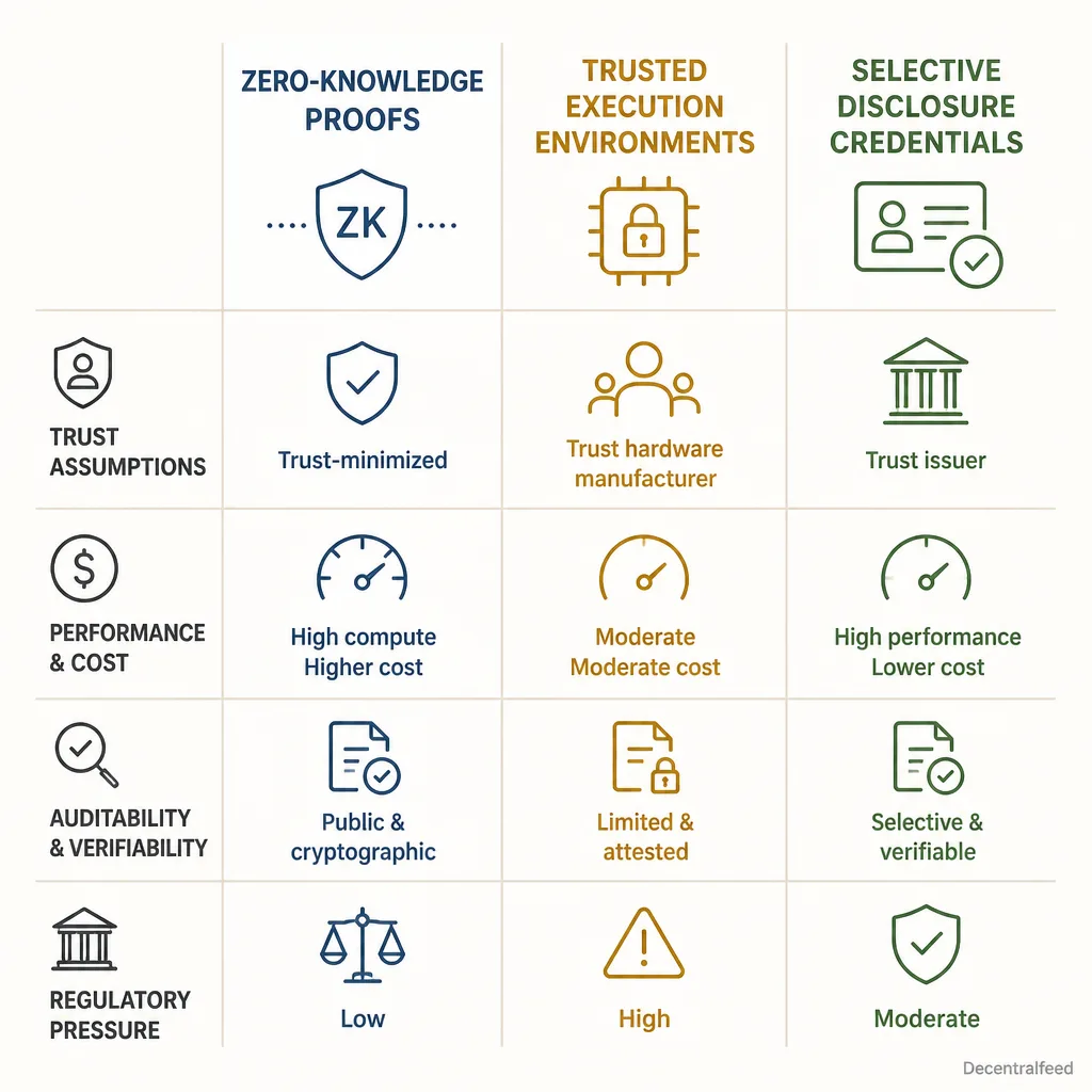 Three-column comparison diagram contrasting zero-knowledge proofs, trusted execution environments, and selective disclosure credentials across trust assumptions, performance, auditability, and regulatory pressure