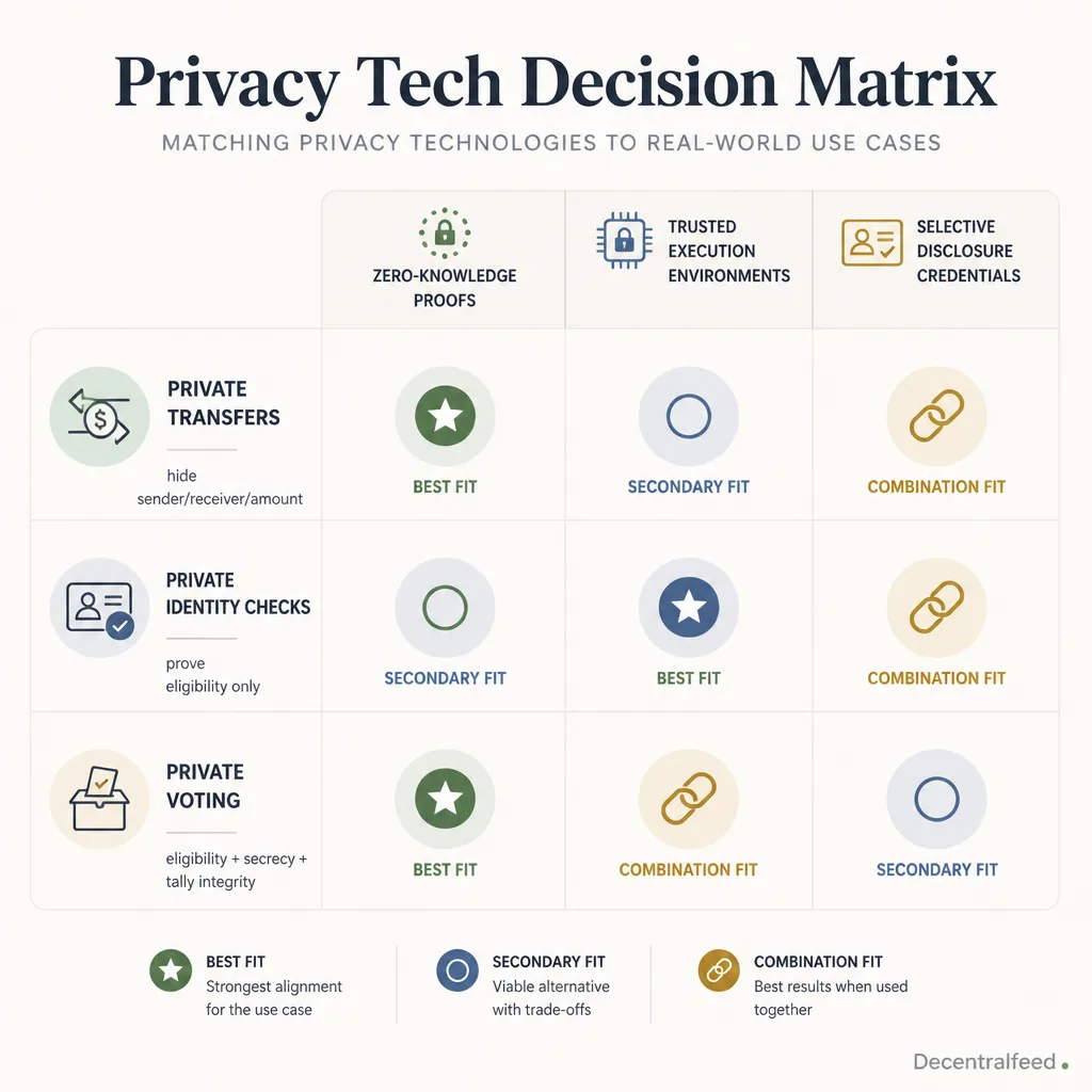 Use-case matrix mapping private transfers to zero-knowledge proofs, private identity checks to selective disclosure credentials, and private voting to a combination of credentials and proofs with trust notes