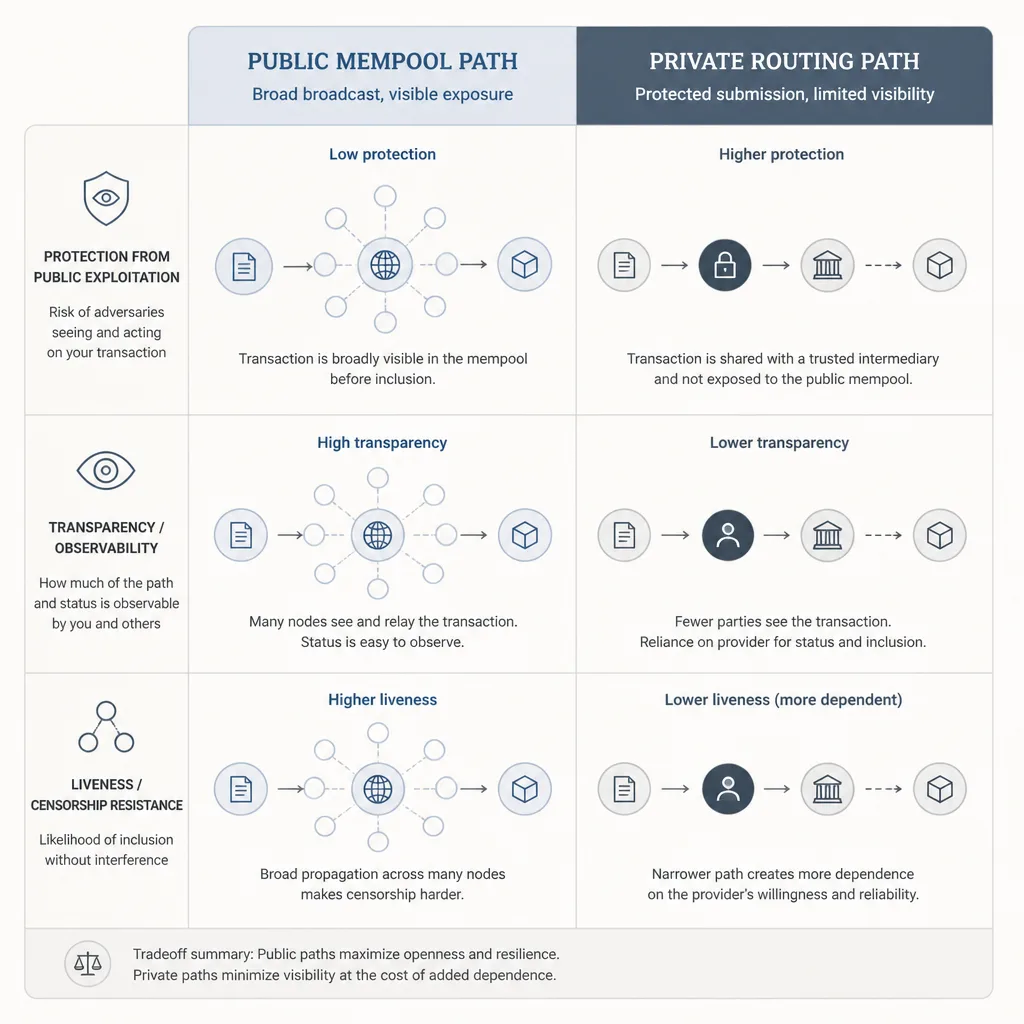Side-by-side comparison showing public mempool path versus private routing path with different tradeoffs for transparency, protection, and censorship risk