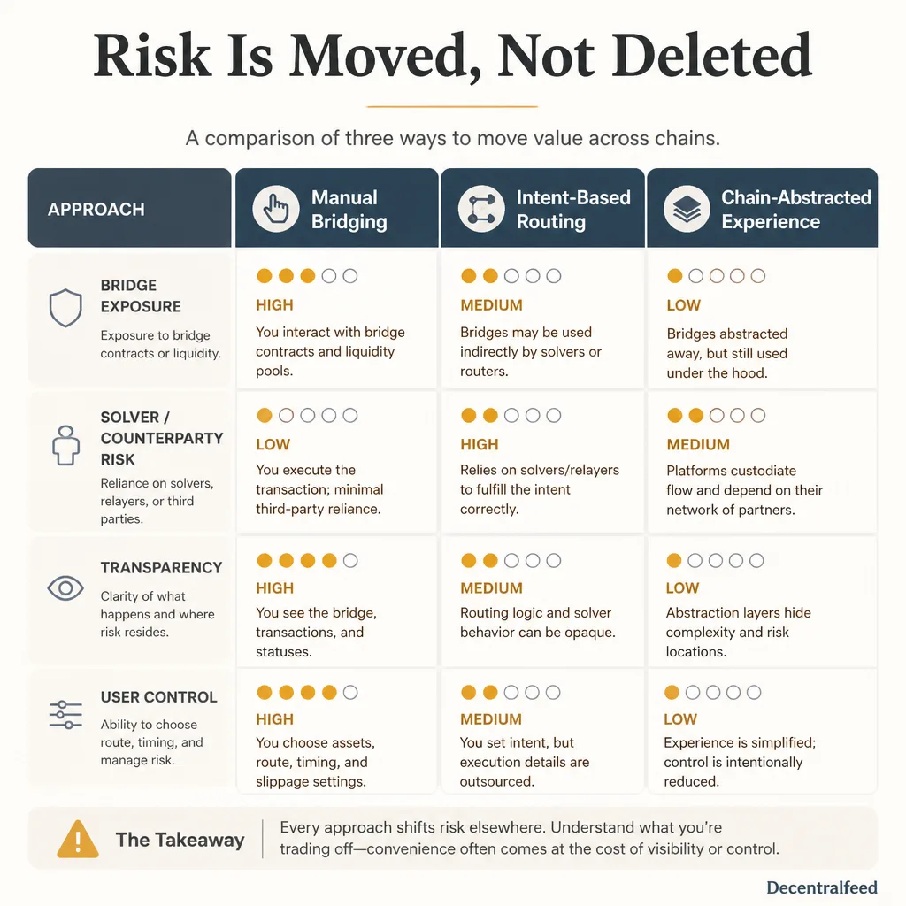 Risk tradeoff matrix comparing bridge risk, solver or counterparty risk, transparency, and user control across manual bridging, intent-based routing, and fully abstracted chain experience.