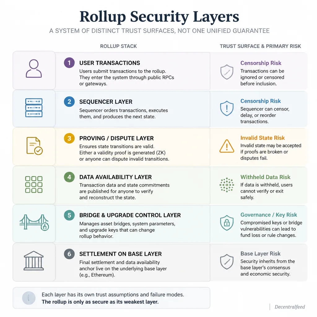 Layered rollup security diagram separating sequencer, proving or dispute resolution, data availability, bridge contracts, and settlement on the base layer.