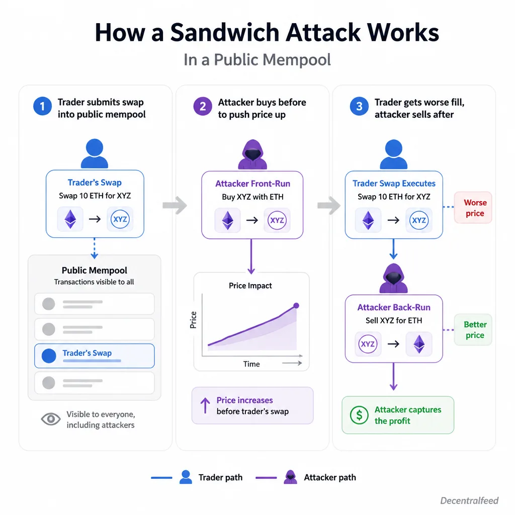 Simple three-step flow diagram showing a public mempool sandwich attack with trader swap, attacker buy before, and attacker sell after around the victim transaction
