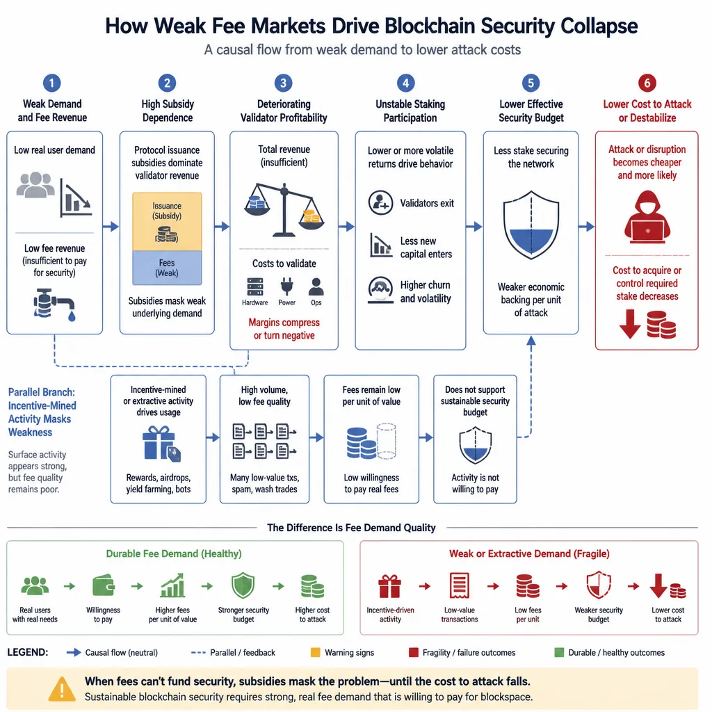 A flow diagram showing low real fees leading to subsidy dependence, weaker validator economics, lower cost to attack, and higher network fragility.