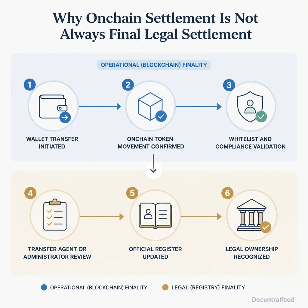 Decision-style explainer showing token transfer, compliance checks, whitelist approval, offchain register update, and final legal recognition as separate steps