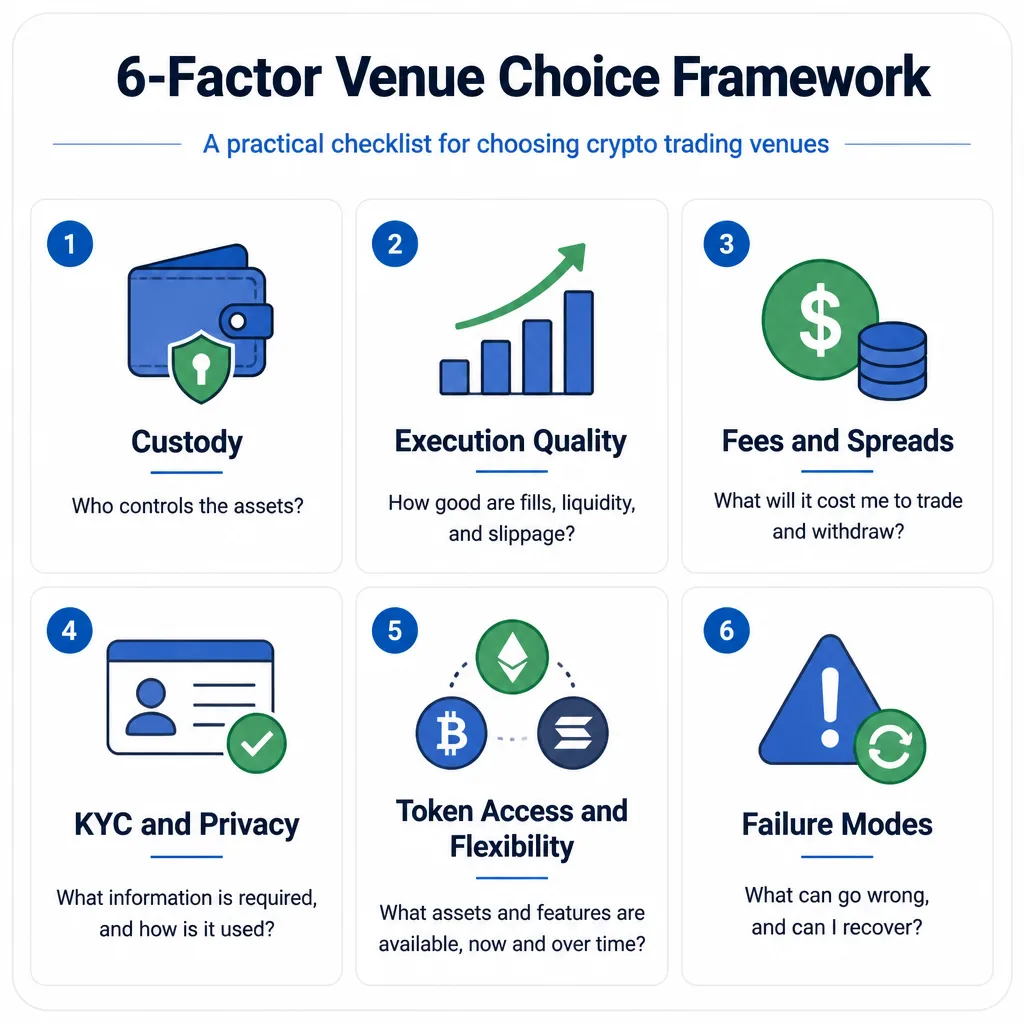 Six-factor framework table for choosing a crypto trading venue