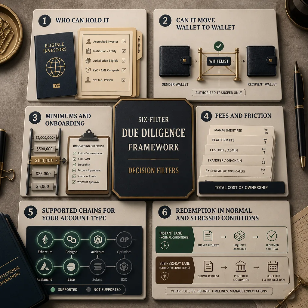 A six-filter framework arranged as a practical due-diligence dashboard showing eligibility, transferability, onboarding, fees, chain support, and redemption mechanics.