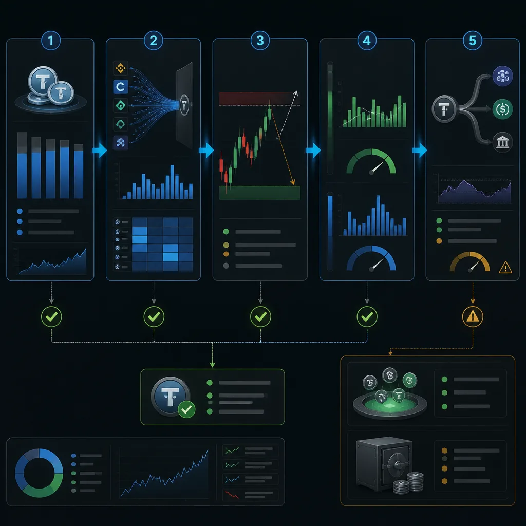 Step-by-step workflow showing issuance measurement, exchange flow checks, price structure comparison, market confirmation signals, and reassessment of alternate destinations.